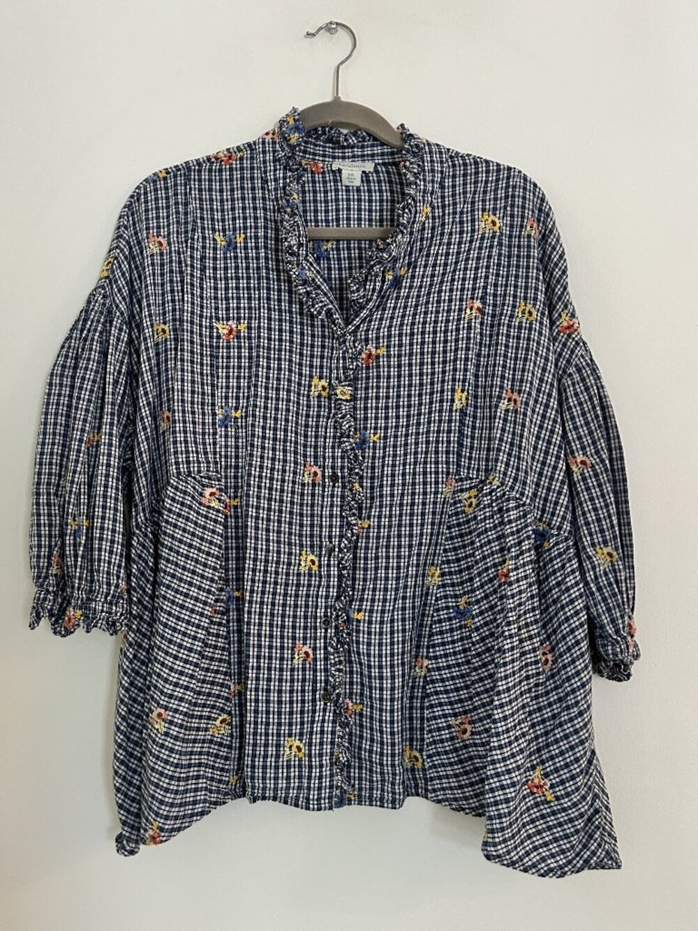 Sundance Embroidered Gingham Floral Ruffle Tunic Blouse Navy White XXL
